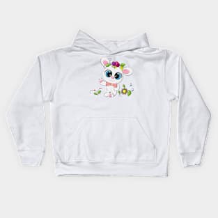 Cheerful bunny stands around flowers Kids Hoodie